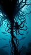 Placeholder: under water with sharks , black vein, human veins, mixing together a lot of them, like a forest, big and small veins a lot of them, a black creature looks like an octopus with many arms