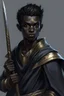 Placeholder: A young male Air genasi with black skin ahs some hair holding a smuldring spear