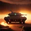 Placeholder: volumetric dramatic desert Battle scene with futuristic hovering military armored Hovercraft tank painted by chris foss, floating, 4k, 8k, Minutiae, highly detailed, rivets, hovering, stripes, sunset [duststorm, nimbus clouds]