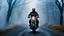 Placeholder: The photograph of a Knight Rider person dressed in a black motorcycle cloths riding a motorcycle through a foggy atmosphere. The rider's face is obscured by the fog, the scene with mystery mood. full body, blur background with fog, mystic, fantasy etheral mood