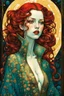 Placeholder: create a highly ethereal, darkly magical full body illustration of a vampire girl, with highly detailed and deeply cut facial features, in the style of GUSTAV KLIMT, EDWARD BURNE-JONES, WILLIAM MORRIS, and KATHE KOLLWITZ combined with the comic art style of BILL SIENKIEWICZ and JEAN GIRAUD MOEBIUS, searing lines and forceful strokes, precisely drawn, inked, and darkly colored