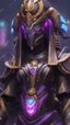 Placeholder: A close picture to Ramattra nemesis form egypt them in overwatch art style with black color and neon purple details in the rain
