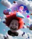 Placeholder: Ultra realistic speed clouds sky scene, wide angle view, child falling down with many Children background, inflatable monsters, circus dress style, feather color, free jumping flying, many trinkets, hair monster, many jelly beans, balls, color smoke, smile, happy, extreme, wind, clouds sea, 20,000 feet altitude, stratosphere, soft color, highly detailed, unreal engine 5, ray tracing, RTX, lumen lighting, ultra detail, volumetric lighting, 3d, finely drawn, high definition.