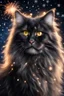 Placeholder: Realistic black New Year fluffy Maine Coon cat catches white snowflakes.golden neon glow.Firework. Winter night background.