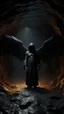 Placeholder: An hooded Angel with wings , thick layer of dark brown corrosion , standing in front of a dark cave, Bosch painting style , of a nightmare , hyper photorealistic, hyper detailed dark , high resolution, fog, octane render, tilt shift, 8k ,