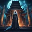 Placeholder: Photo of a luminescent woman mage at night standing in front of an ancient temple lit by moonlight:: eye_level perspective :: dark :: space background, 3d shading, extreme detail, digital art, 4k, ultra hd, mist