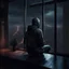 Placeholder: A man in hoodie , seeing the city through the window, beautiful cozy bedroom with floor to ceiling glass windows overlooking a cyberpunk city of India at night, thunderstorm outside with torrential rain, detailed, high resolution, photo realistic, dark, gloomy, moody aesthetic, intricate details, unreal engine 5