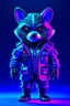 Placeholder: isometric view of a chibi cute hyperrealistic futuristic soldier raccoon wearing cyberpunk jacket. Cinematic, hyper detailed, black neon background , highly detailed, zoomed out,