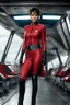 Placeholder: Ultra photograph like image of Halle Berry wearing a Star Trek Original Series red uniform and black boots. She has shortish hair and ample bosoms. She stands in front of her station on the Bridge.