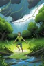 Placeholder: A young man with fruit trees for arms and legs floats above a swamp casting lightning bolts