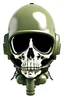 Placeholder: A skull in frontal view, wearing a military jet pilot helmet. The oxygen mask with tube is in front of the teeth