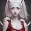 Placeholder: UHD, hd, 8k, hyperrealism, Very detailed, zoomed out view, full character in view, white hair female demon character wearing a hanbok with a white top and long red bottom, she holds a katana in her right hand, she stands in front of a Japanese style palace digital art, anime, full details