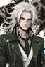 Placeholder: plauge doctor in balck leather clothes with silver hair, pale skin and bright green eyes smiling with sharp teeth, nice young face