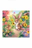 Placeholder: The cute bunny excitedly looks at a bright yellow sunflower in the colorful garden, the beautiful butterfly and friendly brown squirrel are smiling, child book illustration style, faces must be the same as reference image