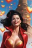 Placeholder: 3D bubbles, 3D hearts, sunlight, blue skies, magic, multicolored swirling light, aurora borealis, UFOs, Devil's Tower, fireflies, facial portrait of Megan Gale as Vampirella smiling a big bright happy smile, wearing a red sling suit with a gold/yellow bat emblem on the lower stomach area, and black boots, professional quality digital photograph, happy time