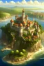 Placeholder: a large fantasy seaside white metropolis, realistic artstyle, large ornate palace-castle on a hill near the coast, big walls, tall golden towers, red roofs, high perspective, king's landing, Constantinople, bird's eye view, high view, summer, warm, focus on the city, Huge Grass fields, forested, many trees, loose and separated buildings, ten internal fields and grass fields, staircases and bridges