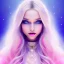 Placeholder: beautiful, soft, smiling face, whole head, long straight blonde hair blues eyes, crown on the head, clothing in transparent bluish and pink veil, background brillante bluish and pink, hight definition, 8K