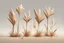 Placeholder: concept art of six low poly stylized alien dry single leaf tall grass on a neutral background. Strange fictional extraterrestrial flora with unusual shapes