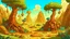 Placeholder: Fantasy cartoon illustration for children: jurassic millions of years ago, with towering prehistoric trees, bubbling mud pits