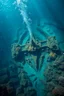 Placeholder: A top view of atlantis the lost city under the ocean water with marine plants and a submarine is sinking underwater and small divers are diving around , cinematic scene with fish and sharks around, high quality picture with rough water