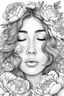 Placeholder: young woman, coloring page of a big beautiful bouquet of peonies all around her face, her eyes are closed and dreaming peacefully, only her face shows, her face fully covered by the bouquet of peonies, use black outline with a white background, clear outline, no shadows, some colors
