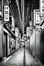 Placeholder: Tokyo alley, line arts, greyscale