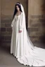 Placeholder: A very long wedding dress similar to Romanian dresses with long black hair Photorealistic