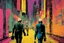 Placeholder: classic painting of a cyberpunk colourful walkway with two people making an exchange in the city with pollution by andy warhol