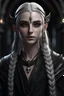 Placeholder: Young female high elf noble wizard with Sharpe elf ears dark black eyes and very pale skin long jet black hair with braids in, photo realisim fantasy dungeon and dragons