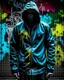 Placeholder: Banksy style. Whole body. Masterpiece of a hooded killer Cyborg, his eyes are intense, (((full body))), contrasting colors. Fondo ciudad