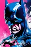 Placeholder: Poster in two gradations, split in half, one side "batman", other side "superman", midline of the face, painting by Yoji Shinkawa, dark blue and pink detailed iridescent, metallic, translucent, dramatic lighting, hyper futuristic, digital art,