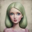 Placeholder: a cracked pattern oil painting of a barbie dill sitting for a portrait with a blank face, vintage style