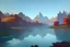 Placeholder: mountains and lagoon, impressionism influence, realistic painting