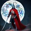 Placeholder: Standing king with his sword , red cape , armor , night , full moon , Stars ,