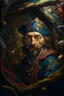 Placeholder: portrait of crazy art pirate thief in front of insane painting in the style of Escher, 4 k, down light, depth of field, trending on art station, high detail, cracked ground