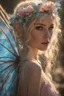 Placeholder: Pointed elven ears,Blonde hair ,Pink dress,Sparkling fairy wings,Very long golden hair,Fairy crown,pointed ears,elven ears,fairy wings,water lilies,sparkling,glittering,flowers,blossoms,golden crown,light pink dress