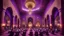 Placeholder: Hyper Realistic Photographic-View of lots of Muslim-Men praying inside a Massively-Huge-Beautifully-Crafted-Purple-&-Maroon Wall-Mosque with detailed-pillars & Garland-Light-Decorations-&-Lamps with dramatic-&-Cinematic-Ambiance at night.