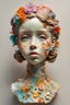 Placeholder: portrait of girl, 3D resin, Skin made from colorful vintage elements