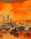 Placeholder: An orange colored western town engulfed in smoke painted by Piet Mondrian