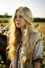 Placeholder: Country female with very long blonde hair, flowers, field, cows, sunny