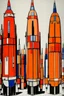 Placeholder: Orange robotic rockets painted by Piet Mondrian