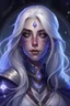 Placeholder: Generate a Dungeons and Dragons character portrait featuring the face of a beautiful young female drow elf. She is a Circle of the Stars Druid and a Twilight Cleric. Her long, voluminous, silver-white hair is interspersed with tiny, twinkling stars. Her light purple skin is adorned with softly glowing, constellation-like patterns. Her violet eyes shimmer like distant galaxies. She wears a delicate silver circlet entwined with star motifs. Her large cloak, embroidered with star charts, has layer