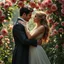 Placeholder: A hyper-realistic, A radiant woman in a romantic embrace with a gallant man, their figures framed by a lush garden of roses. ,fool size , Photo Real, 64k