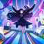 Placeholder: Clear focus,High resolution, Black long straight hair, and purple eyes, wearing a skirt,with stocking, with long boots on, Happy, Jumping, Teen, Background is a very colorful and happy theme park, Potrait, Blurry bg, Semi-Realistic