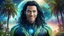 Placeholder: beautiful gorgeous young man na'vi with long hair, Avatar, blue skin, two small ears, green eyes, black hair, in cosmic suit, galactic ambiance, smiling, with spaceship and planets and palm trees and clear crystaline cosmic beach in background