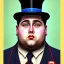 Placeholder: A half body portrait of a 1930s businessman in his late 20s with a small bowler hat and a blue suit. He is obese and has black hair