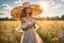 Placeholder: ohot from a young woman, elegantly adorned in a big summer hat and a summer dress stands in the center of a vast field. Her eyes are closed, a gentle smile playing on her lips as she feels the warm embrace of the sunshine and the tender kiss of a soft summer breeze. The meadow is a canvas of harmony with a dazzling array of wildflowers that dance and sway in the little wind. The blue sky and sunshine, high reality, detalied, photoreal, stunning