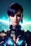 Placeholder: Cyborg anime warrior, waist up portrait, 8k resolution, intricate details, ornate details, soft lighting, vibrant colors, retroanime, masterpiece, intricate eyeliner, dark eyeshadow, eyes, light blue hair, intricate tattoos, jungle background,