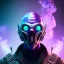 Placeholder: full body apocalyptic purple masked villain in galaxy, teal and purple eyes, teal and purple smoke, detailed, realistic, 4k