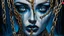 Placeholder: close up pale blue-white face with black shadow dark gold eyes, , void, hyper-realistic detail, floats in deep darkness, deep blue abyss, vertical shadows of five chains projected on her face, crepy stunning, surreal vibe with meticulous textures, dark shadow